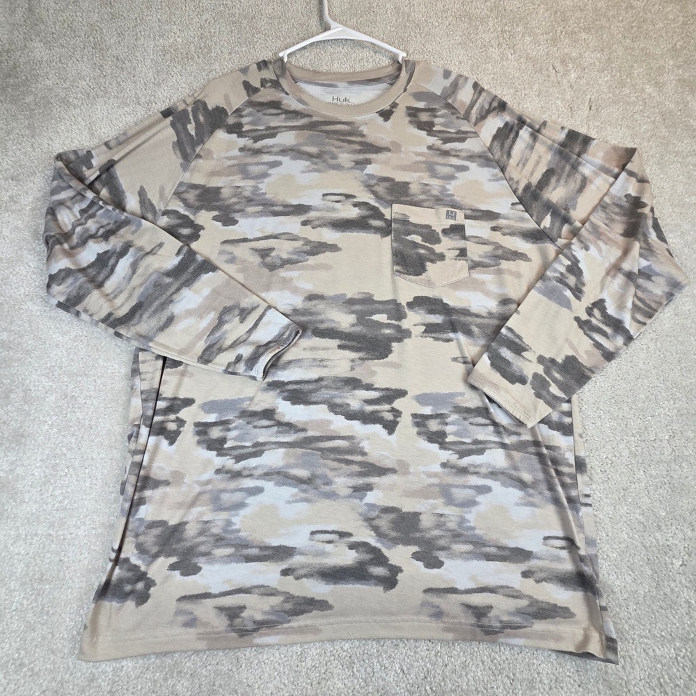 Huk Mens Pursuit Long Sleeve Camo Fishing Shirt Tan Grey XL H1200459